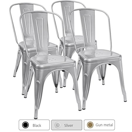 Furmax Metal Dining Chair Indoor-Outdoor Use Stackable Chic Dining Bistro Cafe Side Metal Chairs Silver (Set of 4)