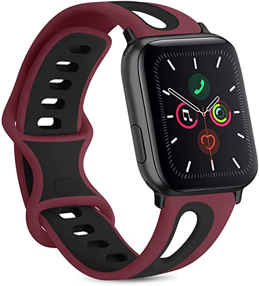 Vancle Silicone Bands Compatible with Apple Watch Band 38mm 40mm 42mm 44mm, Soft Breathable Silicone Replacement Band for iWatch Series 6 5 4 3 2 1 SE (Wine Red/Black, 42mm/44mm M/L)