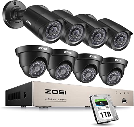 ZOSI Security Camera System 8CH 4-in-1 HD-TVI 1080N/720P Surveillance Video Recorder with (8) 1.0MP Bullet/Dome Weatherproof CCTV Cameras 1TB Hard Drive, Motion Alert, Smartphone Remote Access