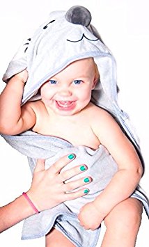 Koala Hooded Baby Towel & Bib Set - 100% Organic Bamboo Fiber - Extremely Soft - Gray Color With Adorable Desgin - 34x34 inch - by kck baby