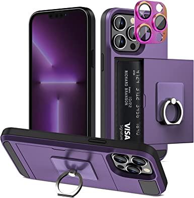 Vofolen for iPhone 13 Pro Max Case Wallet Credit Card Holder with Transparent Ring Stand Kickstand, Camera Lens Protector Hidden Pocket Anti-Scratch Dual Layer Slim Protective Cover 6.7"5G GreyPurple