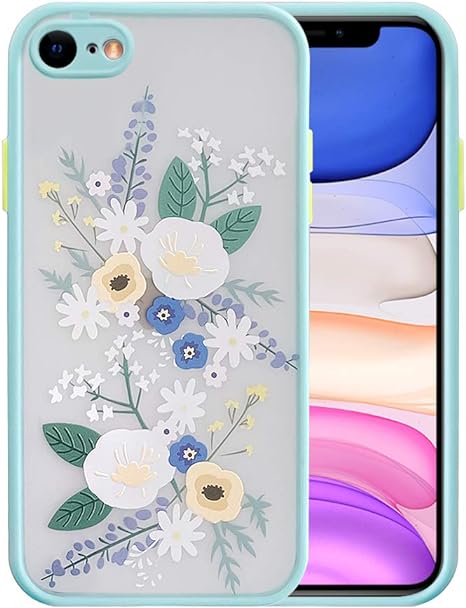 Ownest Compatible for iPhone SE 2020 Case,iPhone 7/8 Case with Clear Frosted PC Back 3D Floral Girls Woman and Soft TPU Bumper Protective Silicone Slim Case for iPhone SE 2020/7/8-Water Blue