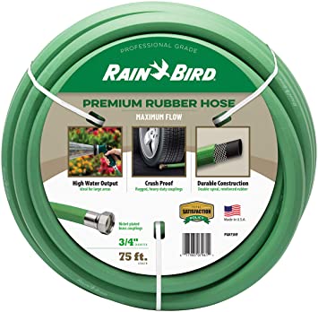Rain Bird PGH75HF Premium High-Flow Garden Hose, Heavy-Duty 100% EDPM Rubber, Hexagonal, Kink-Resistant, 3/4" Inside Diameter x 75' Long, Green