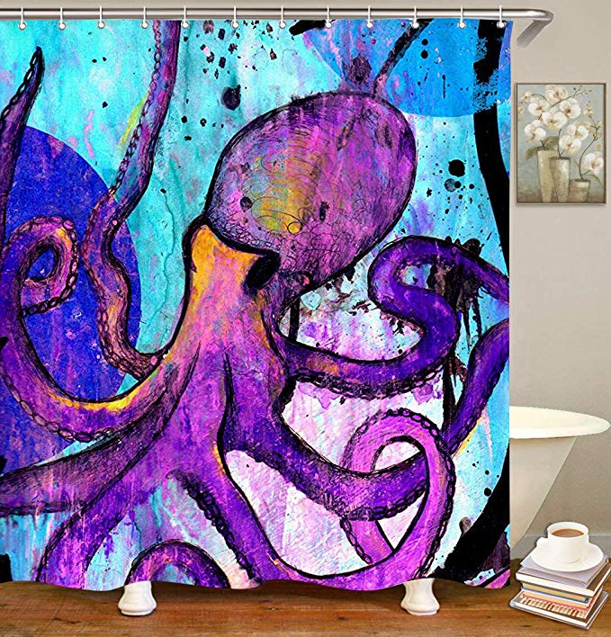 Livilan Creative Watercolor Octopus Fabric Shower Curtain Set, Mildew Resistant Waterproof Machine Washable 72 X 72 inch,Purple