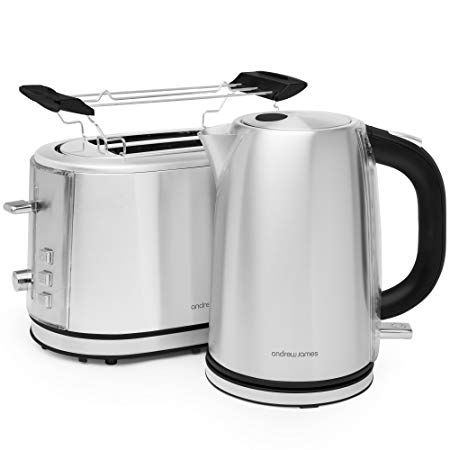 Andrew James Argentum Toaster and Kettle Set | 2 Slice Toaster with 6 Heat levels & Warming Rack| Fast Boil 3000W Electric Cordless Jug Kettle with Swivel Base & Boil Dry Protection | Silver Stainless Steel