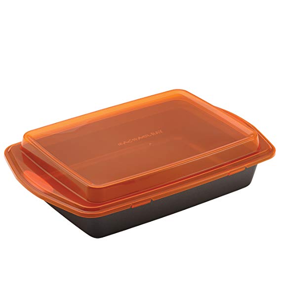 Rachael Ray Nonstick Bakeware 9-Inch by 13-Inch Covered Cake Pan, Gray with Orange Lid and Handles