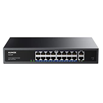 Aumox 18-Port Gigabit Network Unmanaged Switch, 16-Port POE with 2 Uplink Gigabit Ports, 250W Built-in Power, Metal Casing and 19-inch Rackmount, Traffic Optimization, Plug and Play(SG518P)