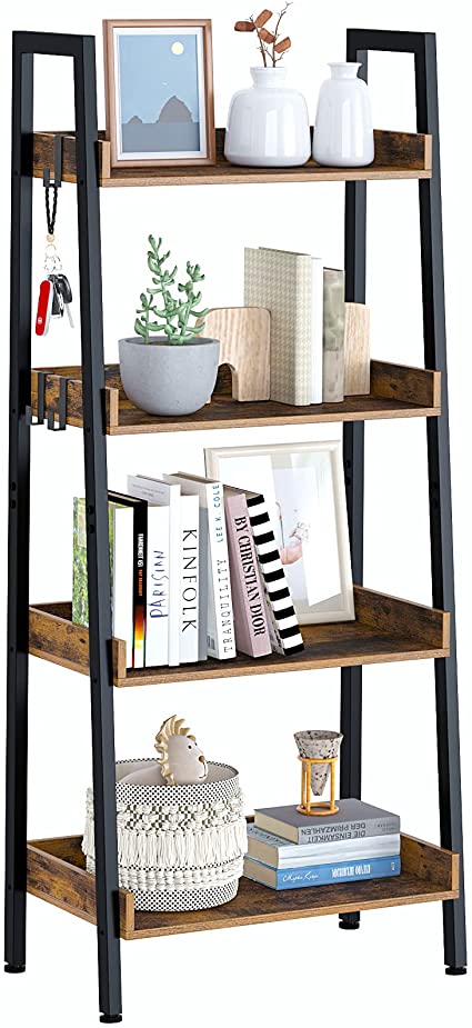 Rolanstar Ladder Bookshelf with 3 Hooks, 4 Tier Ladder Shelf, Industrial Bookcases, Freestanding Display Plant Shelves with Metal Frame for Living Room, Small Space, Rustic Brown