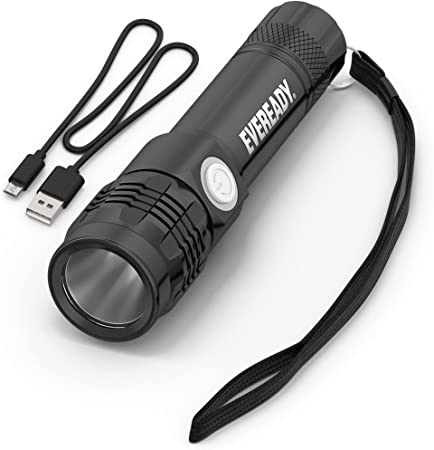 Eveready Rechargeable Flashlight, Rugged Aluminum Build, IPX4 Water Resistant, LED Flashlight, Micro UB Charging Cable Included, Black, One Size