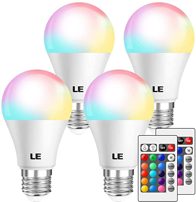 LE RGB Color Changing Light Bulbs with Remote, Dimmable LED Light Bulb, E26 Screw Base, 40 Watt Equivalent Soft Warm White, 16 Color Choices for Home Décor, Bedroom, Stage, Party and More, Pack of 4