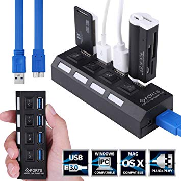 7 Port USB 3.0 Hub High-Speed 5Gbps Data Transfer Ports Splitter AC Power Adapter with On/Off Switches and LEDs 2ft USB Data Cable for MacBook Pro Laptop, iPhone, iPad, Samsung and More (7Port)