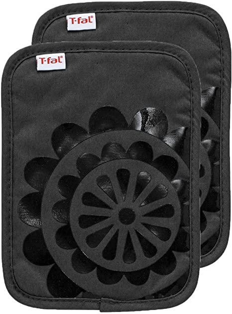 T-fal Textiles 97164 2-Pack Medallion Design 100-Percent Cotton Silicone Pot Holder, Charcoal, 2 Pack, 2 Count