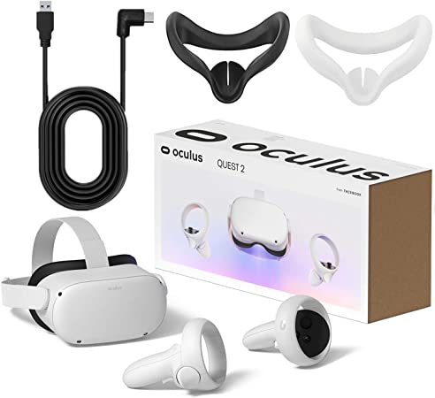 Oculus Quest 2 — Advanced All-in-One Virtual Reality Gaming Headset — 256GB Video — White — Family Holiday Gaming Bundle — BROAGE Silicone Face Cover & 16ft USB Type-C Link Cable