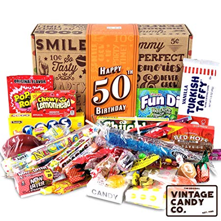 VINTAGE CANDY CO. 50TH BIRTHDAY RETRO CANDY GIFT BOX - 1969 Decade Nostalgic Childhood Candies - Fun Gag Gift Basket For Milestone FIFTIETH Birthday - PERFECT For Man Or Woman Turning 50 Years Old