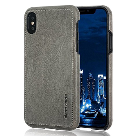 iPhone X Leather Case, Pierre Cardin Genuine Cowhide Protective Hard Back Cover for iPhone X (Gray)