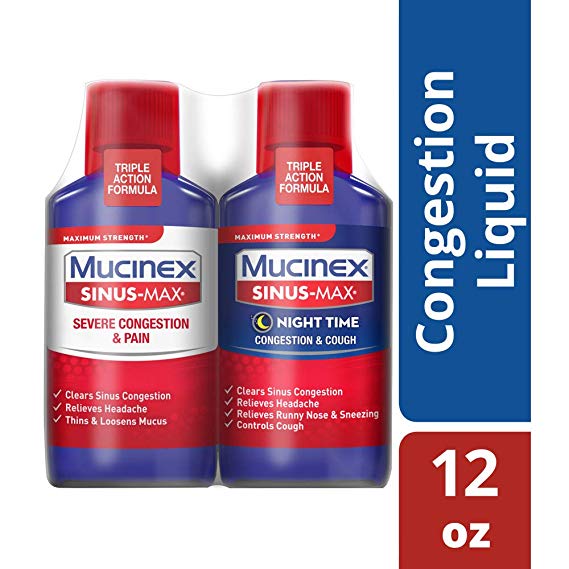 Severe Congestion & Pain Relief, Mucinex Sinus-Max Max Strength, 12oz (2x6oz) Clears Sinus & Nasal Congestion, Relieves Headache & Fever, Thins & Loosens Mucus