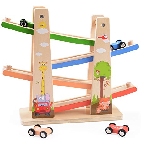 WOOKA Wooden Ramp Racer Race Track for Toddler with 4 Mini Car Racers