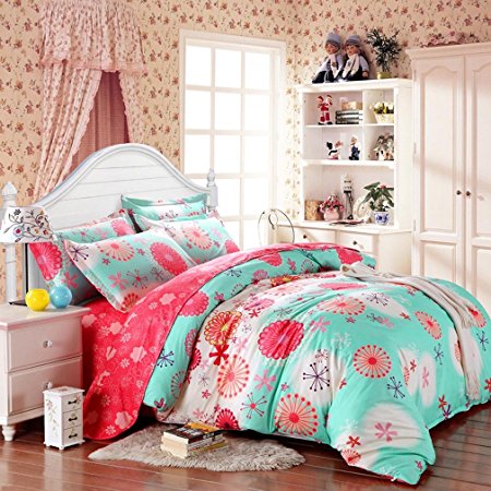 SAYM Home Bedding Sets Elegant Rural Style Print Set For Lovely Teen Girls 100% Polyester Fiber Duvet Cover, Flat Sheet, Shams Set 4Pieces Full Green