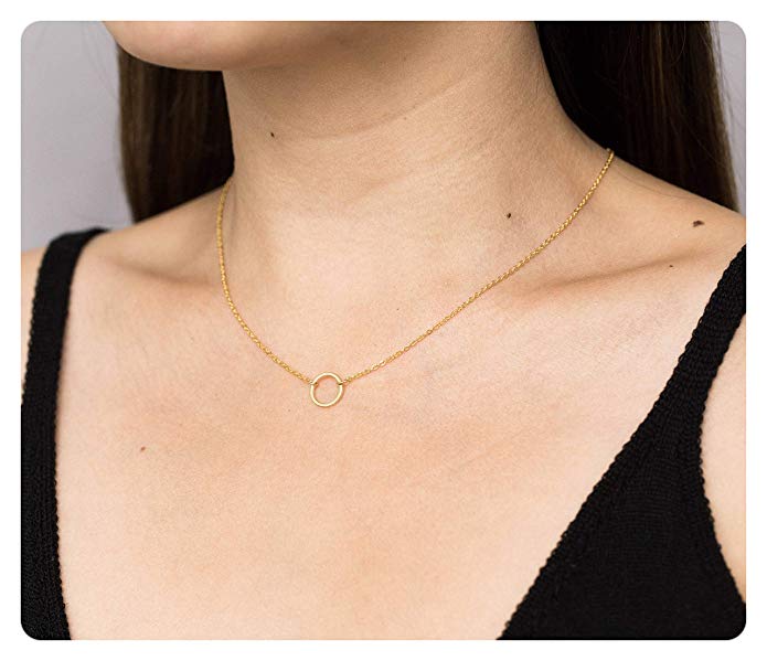Fremttly Womens Simple Delicate Handmade 14k Gold Fill Dainty Choker Circle Necklace Thin Open Circle Chain Choker Necklace