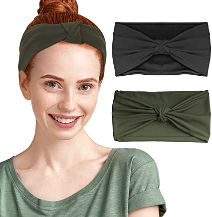 MoKo Headbands for Women 2Pack, Versatile Solid Headband Hair Wrap Multi-Style Casual Sports Headwear, Stretchy Breathable Moisture Wicking Head Wrap for Workout, Running, Yoga