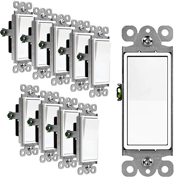 ENERLITES Decorator Paddle Rocker Light Switch, Single Pole, 3 Wire, Grounding Screw, Residential Grade, 15A 120V/277V, UL Listed, 91150-W-10PCS, White (10 Pack), 15A-10 Piece