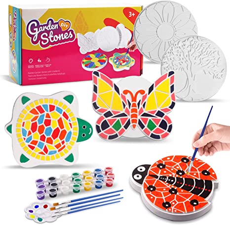 Paint Your Own Stepping Stones, 5-Pack DIY Ceramic Painting Kit for Kids, Outdoor Garden Art & Craft Painting Set for Boys & Girls Ages 3-12, Butterfly, Turtle, Flower, Tree & Ladybug Stepping Stone