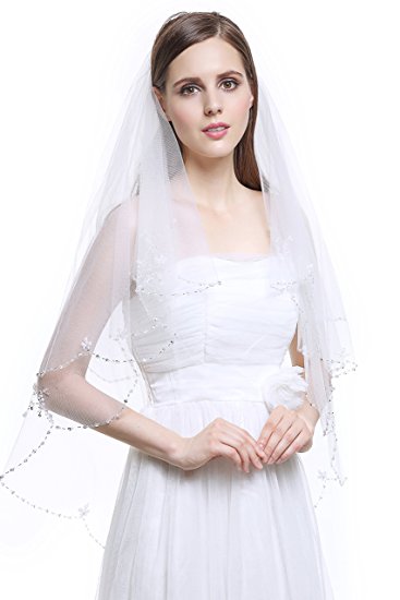 Wedding Bridal Veil with Comb 2 Tier Scalloped Beaded Edge Fingertip Length 50" V29