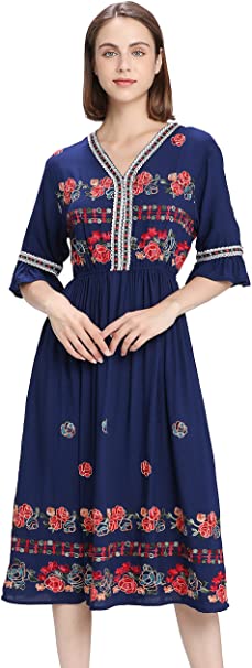 Women's Short Sleeve Mexican Embroidered Floral Pleated Midi A-line Cocktail Dress