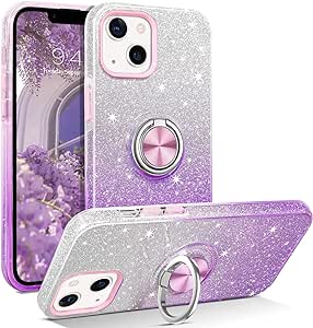 DUEDUE Coque iPhone 13/iPhone 14 avec Anneau Antichoc Paillettes Fille, Housse iPhone 13 Coque Bague Rotatif Fine, Coque de Téléphone iPhone 14/iPhone 13, Violet