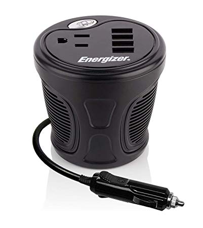 ENERGIZER 150W Cup Inverter   4 x USB Ports 9.6A (2.4A x 4) 48W - 12V DC Cigarette Lighter to 120V AC to Power Laptop, Notebook & Portable Electronics   USB Ports Compatible with iPad & More