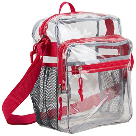 Eastsport Clear Stadium Messenger Bag with Adjustable Crossbody Strap, Approved for NFL, PGA, NCAA, Transparent Bag - Red