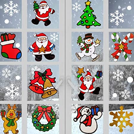Christmas Window Clings Stickers Glitter Wall Decal Ornaments Snowman, Santa Claus, Snowflake, Tree, Santa Claus Design for Window Fridge Decorations, 12 Pcs