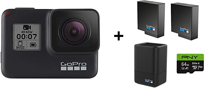 GoPro HERO7 Black Bundle Waterproof Digital Action Camera with Touch Screen (H7 Black   2 Total Batteries   64GB SD   Dual Battery Charger)