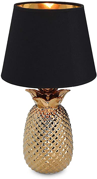 Navaris Gold Pineapple Table Lamp - Mini Lamp 13.8" Tall Light with Ceramic Base for Tables - with E12 Candelabra Bulb Socket - Small, Black Shade