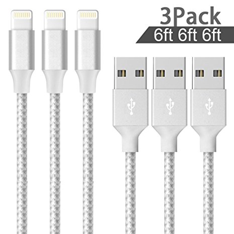 XUZOU iPhone Cable,3Pack 6FT Nylon Braided Lightning Charger to Cable Data Syncing Cord Compatible with iPhone 7/7 Plus/6/6 Plus/6s/6s Plus/5/5s/5c/SE and more (Silver&Gray)