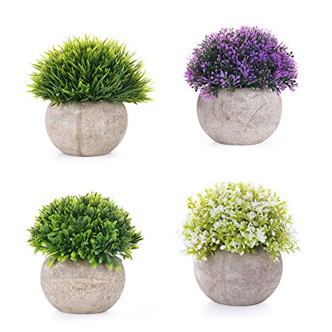 EKKONG Artificial Plants Artificial Flowers Bonsai with Gray Pot Mini Plastic Faux Green Grass for Outdoor and Indoor Wedding/Office/Home Decoration (4 pcs)