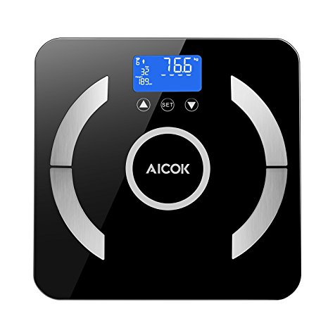 Aicok Digital Body Fat Scale, Bathroom Scale, Digital Weight Scale with Step-On Technology, Tempered glass, Measures Weight, Body Fat, Water, Muscle, Calorie, BMI and Visceral Fat, Black