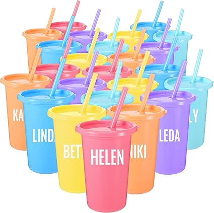 Nuanchu 24 Pcs Kids Cups with Lids and Straws Reusable Tumbler Cups with Self Stickers Plastic Water Bottle Iced Coffee Travel Mug Cup Adults Plastic for Party (Macaron Colors)