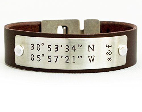 Men's Leather Coordinates Bracelet, Personalized Bracelet for Him, Long Distance Relationship, Anniversary Gift