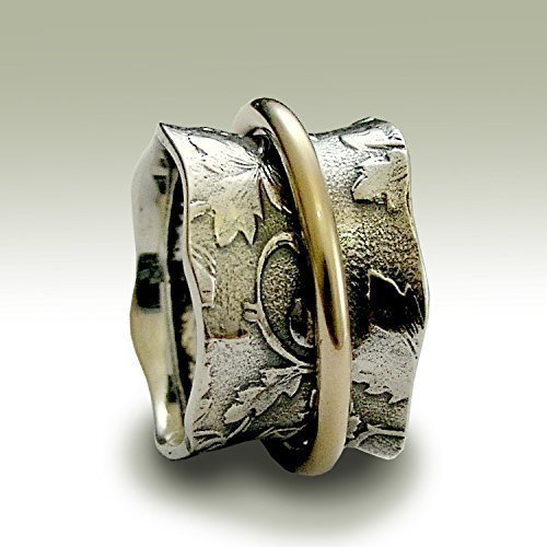 Botanical spinner ring on Wide silver vine design Twotone meditation ring leaves band boho ring - Nothing else matters R1736A