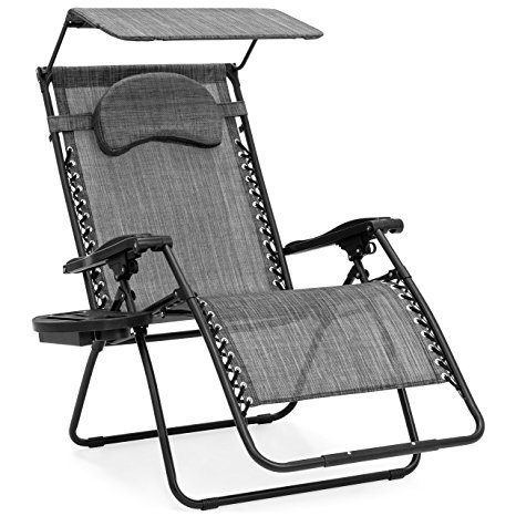 Best Choice Products Oversized Zero Gravity Reclining Lounge Patio Chairs w/Folding Canopy Shade and Cup Holder (Gray)
