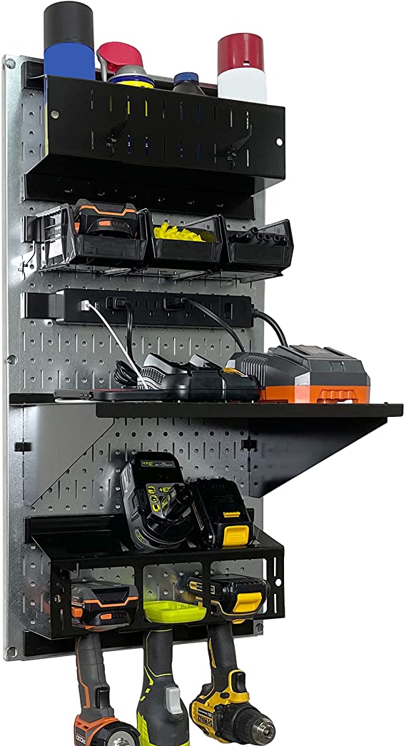 Wall Control Power Tool Storage Organizer Kit Cordless Drill Holder Charging Station Rack 16” x 32” Metal Pegboard Organization System
