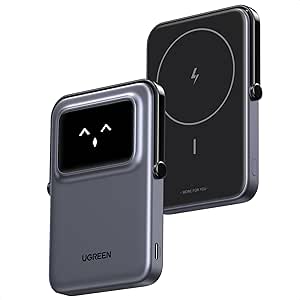 UGREEN Uno Batterie Externe Magnétique sans Fil Pliable 5000mAh Power Bank Induction USB C Charge Rapide Emoji Affichage Mode Veille Compatible avec MagSafe iPhone 16 Plus Pro Max 15 14 (Noir)