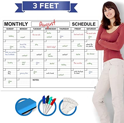 Large Dry Erase Monthly Wall Calendar 36" x 24" Big Reusable Schedule Planner Includes 4 Markers 1 Eraser and Mounting Tape