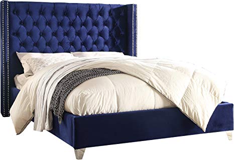 Meridian Furniture AidenNavy-K Aiden Velvet Upholstered Button Tufted Wingback Bed with Chrome Nailhead Trim and Custom Chrome Legs, King, Navy