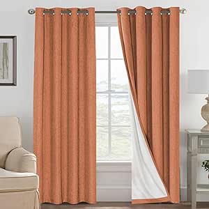 H.VERSAILTEX 100% Blackout Curtains for Bedroom Thermal Insulated Linen Textured Curtains Heat and Full Light Blocking Drapes Living Room Curtains 2 Panel Sets, Orange, 52x108 Inch