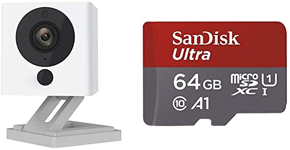Wyze Cam 1080p HD Indoor Wireless Smart Home Camera with Night Vision, 2-Way Audio (Pack of 2) & SanDisk Ultra 64GB microSDXC UHS-I card with Adapter -  100MB/s U1 A1 - SDSQUAR-064G-GN6MA