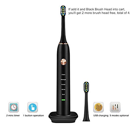 Hermano Electric Toothbrush, Plaque Control Electronic Power Rechargeable Sonic Toothbrush with 2 Dupont Replacement Heads, 5 Optional Modes for Adults, Black