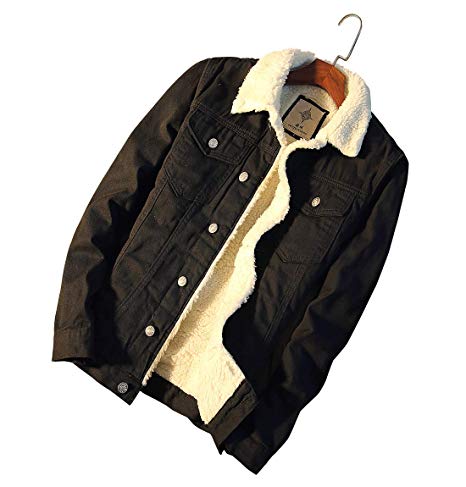 CHARTOU Men's Classic Collar Single Breasted Shearling Lined Distressed Denim Trucker Jacket