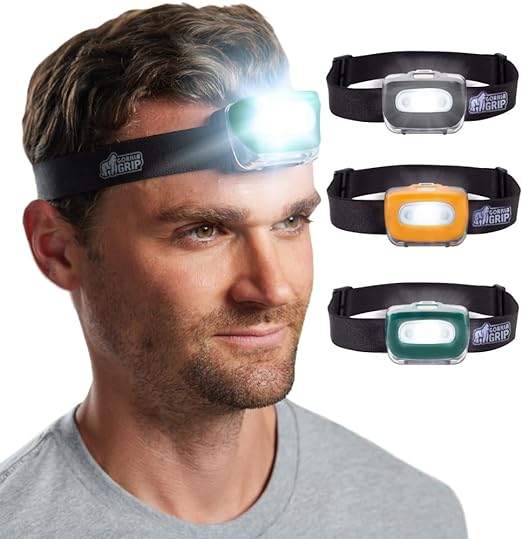 Gorilla Grip Ultra Bright High Lumens LED Head Lamp, 7 Light Modes Water Resistant IPX4 Headlamp, Adjustable Headband, Battery Powered Outdoor Running, Camping Forehead Flashlight Lamps, 1 Pack Green